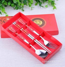 婚慶禮品贈品 加厚不銹鋼勺筷組合 廚房用品批發 年年有余勺筷